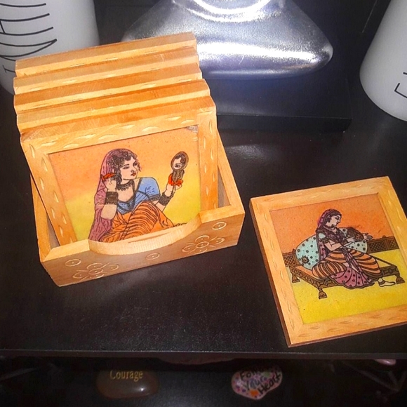 7 Piece Coaster Set Wood Glass Top With Holder Boho Gypsy Goddess RARE - Picture 6 of 9